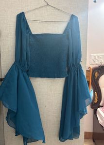 Statement Teal Bell Sleeve Crop Top