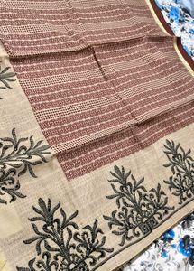 Zari Embroidery Handblock print ChanderiSilk Saree