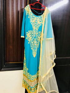 Teal &amp; Gold Embroidered Salwar Kameez Set
