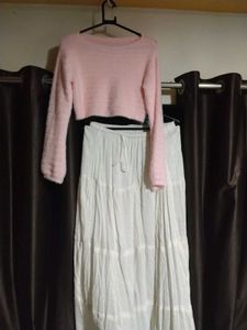 Fuzzy Pink Cropped Sweater And long white skirt