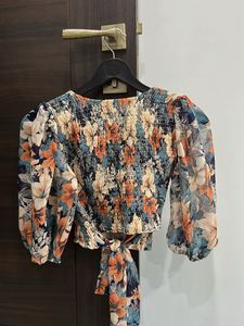 Floral Smocked Crop Top with Tie Detail