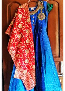 Blue ethenic gown with Red Dupatta