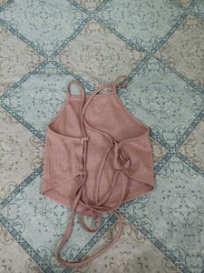 Pink Ribbed Halter Neck Crop Top