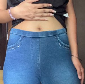 Blue Embellished Denim capri