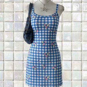 Blue Gingham Floral Mini Dress