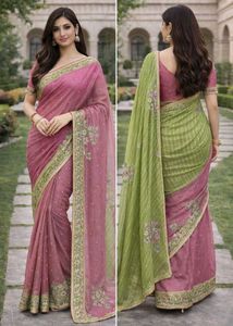 Elegant Pink & Green Embroidered Saree