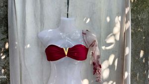 361110. Women's Red Bikini Top with Gold Accent