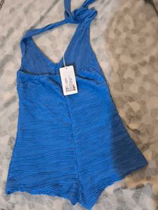Blue Halter Neck Ruched Romper