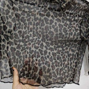 Sheer Leopard Print Mock Neck Top