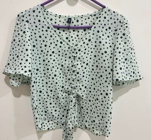 Polka Dot Tie-Front Blouse – Short Flutter Sleeve