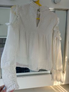 White Smocked Bishop Sleeve Top