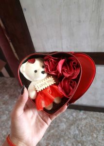 Heart Shaped Teddy Bear & Roses Gift Box