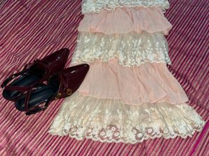 Peach &amp; White Layered Lace Dress