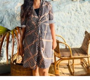 Chic Patchwork Print Shirt Dress M size