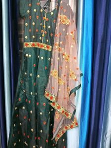 Elegant Green Embroidered 58inch Gown