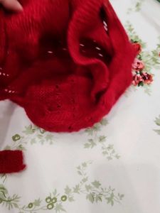 Hand-knitted Red Beanie with Ties