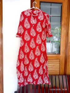 Red Block Print Cotton Kurta