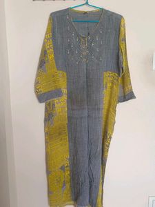 Grey & Yellow Printed Kurta