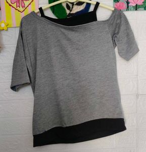 Grey Graphic Print Off-Shoulder Top