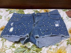 Blue Denim shorts with Pearl detailing