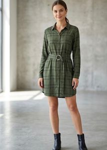 Olive Green Plaid Shirt Dress with Belt