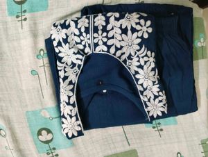 Elegant Navy Kurta Set with White Embroidery