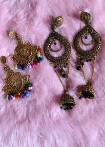Antique Gold Jhumka Earrings with Colorful Beads