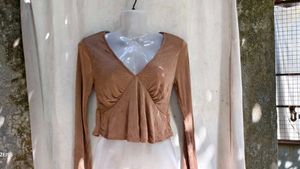 32279. Chic Brown Long Sleeve Plunge Neck Top