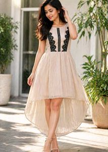 Elegant Beige High-Low Dress with Black Lace