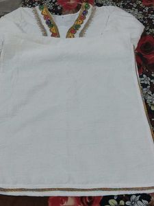 Elegant White Kurta with Colorful Neckline