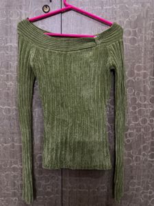 Olive Green Off-Shoulder Ribbed Top