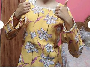 Yellow Floral Print Kurta with Bell Sleeves