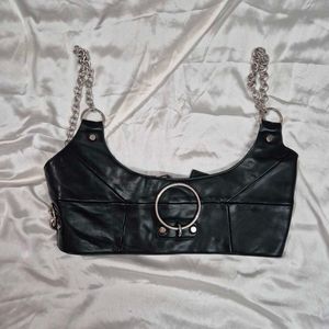 Edgy Black Faux Leather Chain Top / corset belt
