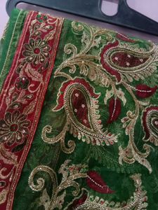 Green &amp; Red Embroidered Saree