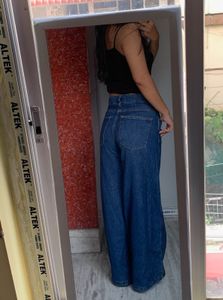 MANGO High Waisted Wide Leg Blue Jeans