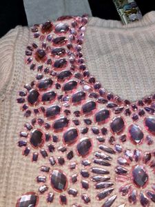 Beige Embellished Knit Sweater