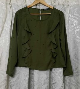 Chic Olive Green Star Print Ruffle Blouse