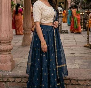Navy Embroidered Tiered Maxi Skirt