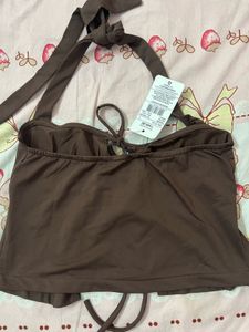 Brown Halterneck Tie-Front Top