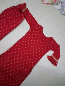 Red Kurta Set with Golden Print