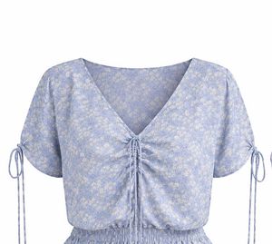Blue Floral Ruched V-Neck Top
