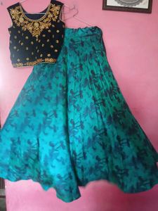 Embroidered Crop Top &amp; Printed Skirt Set
