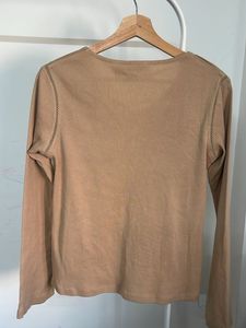Tan V-Neck Long Sleeve Top with Drawstring