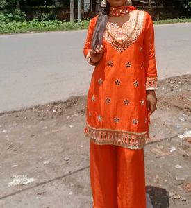 Stunning Orange Kurta Set with Mirror Work