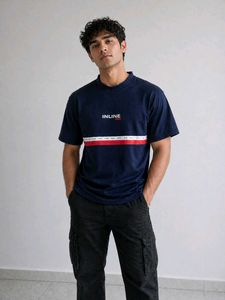 Navy Blue T-Shirt with Red Stripe Detail