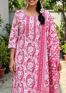 Pink Floral Print Kurta Set with Dupatta