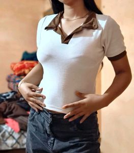 White &amp; Brown Ribbed Crop Top