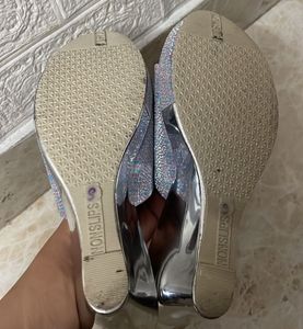 Sparkly Silver Wedge Slides