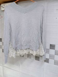 Grey Lace Trim Sweater
