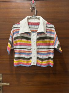 Colorful Striped Knit Collared Top